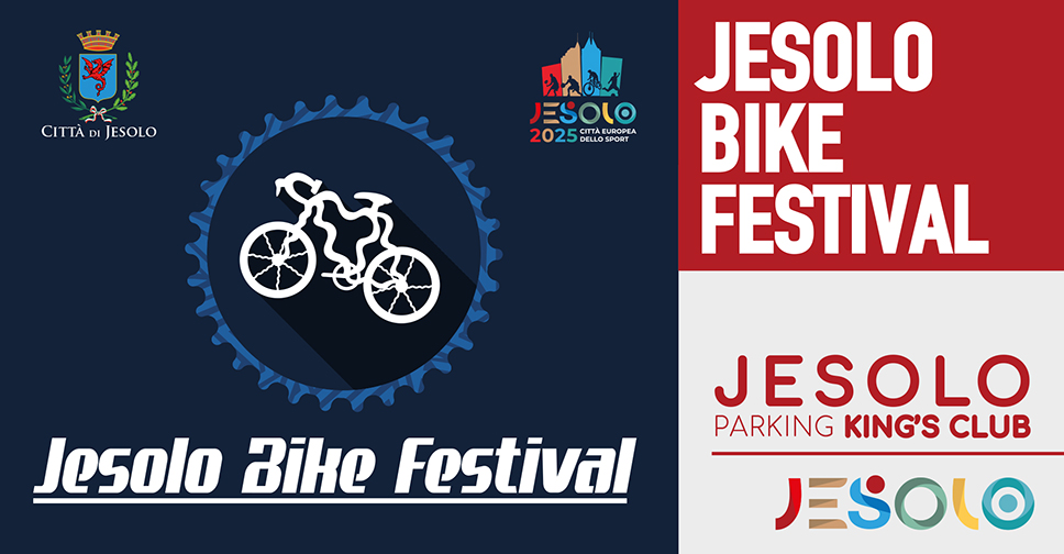 Jesolo Bike festival 2024, dal 25 al 27 ottobre al Parking King's Club. Immagine di un ingranaggio bluette su fondo blu notte, e una bicicletta bianca stilizzata nel centro