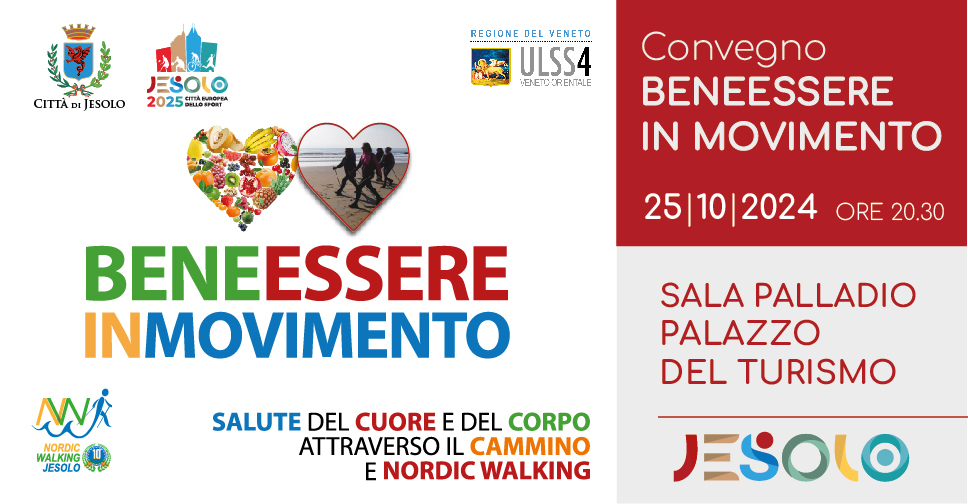 Benessere in movimento - foto di persone mentre fanno nordic walking e cuore con frutta e verdura