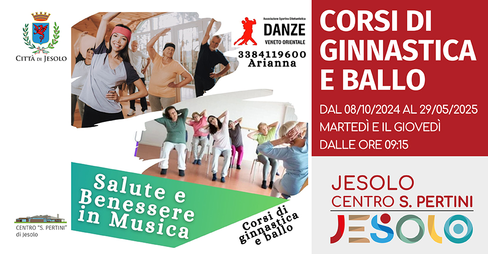 Ginnastica e ballo al Centro Pertini di Jesolo da ottobre 2024 a maggio 2025. Immagini di persone che in posizioni di ginnastica da sedute e di danza in piedi