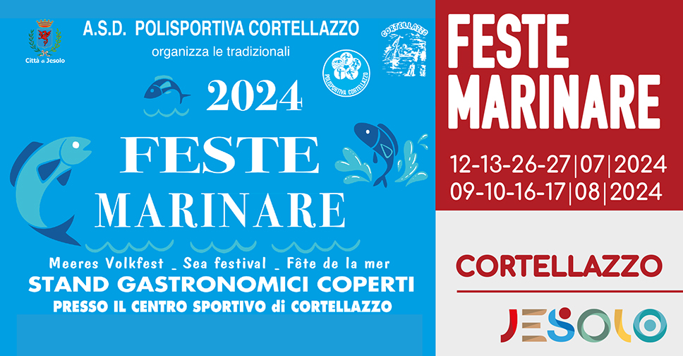 Jesolo feste marinare 2024 - centro sportivo Cortellazzo. Immagine di pesci su sfondo azzurro.